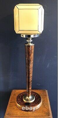 ORIGINAL 1930s FRENCHART DECO TABLE DESK LAMP OAK STEM SQUARE GLOBE GLASS SHADE