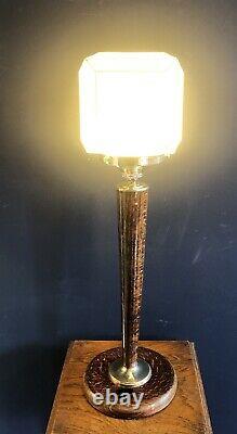 ORIGINAL 1930s FRENCHART DECO TABLE DESK LAMP OAK STEM SQUARE GLOBE GLASS SHADE