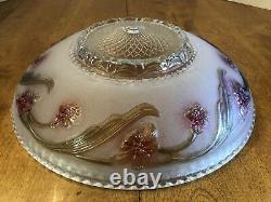 Old Antique Vintage Dome Art Deco 14 Lamp Shade Frosted &Clear Glass Red Flower