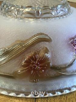 Old Antique Vintage Dome Art Deco 14 Lamp Shade Frosted &Clear Glass Red Flower