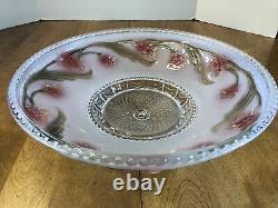 Old Antique Vintage Dome Art Deco 14 Lamp Shade Frosted &Clear Glass Red Flower