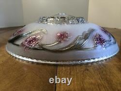 Old Antique Vintage Dome Art Deco 14 Lamp Shade Frosted &Clear Glass Red Flower