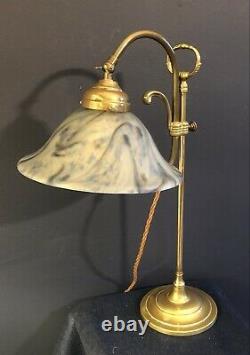 Original Vintage French Art Deco Brass Desk/Table Lamp. Blue White Glass shade