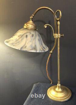 Original Vintage French Art Deco Brass Desk/Table Lamp. Blue White Glass shade