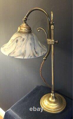 Original Vintage French Art Deco Brass Desk/Table Lamp. Blue White Glass shade