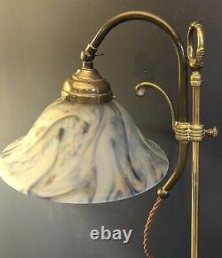 Original Vintage French Art Deco Brass Desk/Table Lamp. Blue White Glass shade
