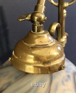 Original Vintage French Art Deco Brass Desk/Table Lamp. Blue White Glass shade