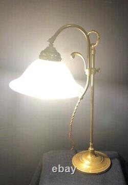 Original Vintage French Art Deco Brass Desk/Table Lamp. Blue White Glass shade