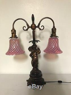 Ornate Vintage Figural Cherub Table Lamp With Cranberry Swirl Glass Shades