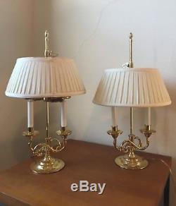 PAIR 2 Vintage BALDWIN BRASS Bouillotte SERPENTINE CANDLE LAMPS, 2 LIGHT. SHADES
