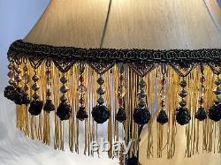 PAIR 2 Vtg Victorian Art Deco Style Lamp Shade Gold Black Bead Tassel Fringe 18