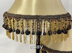 PAIR 2 Vtg Victorian Art Deco Style Lamp Shade Gold Black Bead Tassel Fringe 18