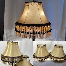 PAIR 2 Vtg Victorian Art Deco Style Lamp Shade Gold Black Bead Tassel Fringe 18