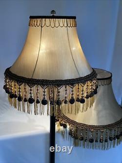 PAIR 2 Vtg Victorian Art Deco Style Lamp Shade Gold Black Bead Tassel Fringe 18