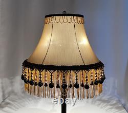 PAIR 2 Vtg Victorian Art Deco Style Lamp Shade Gold Black Bead Tassel Fringe 18