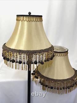 PAIR 2 Vtg Victorian Art Deco Style Lamp Shade Gold Black Bead Tassel Fringe 18