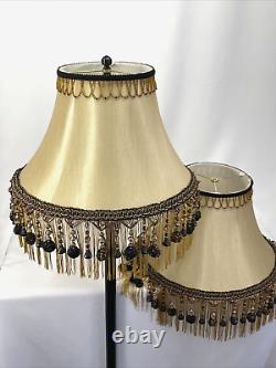 PAIR 2 Vtg Victorian Art Deco Style Lamp Shade Gold Black Bead Tassel Fringe 18