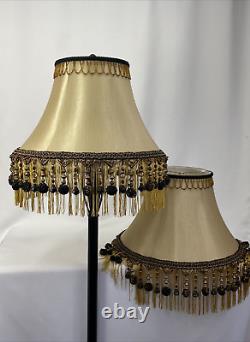 PAIR 2 Vtg Victorian Art Deco Style Lamp Shade Gold Black Bead Tassel Fringe 18