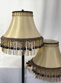 PAIR 2 Vtg Victorian Art Deco Style Lamp Shade Gold Black Bead Tassel Fringe 18