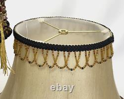 PAIR 2 Vtg Victorian Art Deco Style Lamp Shade Gold Black Bead Tassel Fringe 18