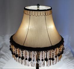 PAIR 2 Vtg Victorian Art Deco Style Lamp Shade Gold Black Bead Tassel Fringe 18