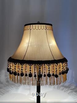 PAIR 2 Vtg Victorian Art Deco Style Lamp Shade Gold Black Bead Tassel Fringe 18