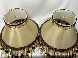 PAIR 2 Vtg Victorian Art Deco Style Lamp Shade Gold Black Bead Tassel Fringe 18