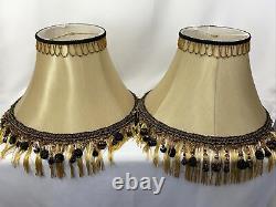 PAIR 2 Vtg Victorian Art Deco Style Lamp Shade Gold Black Bead Tassel Fringe 18