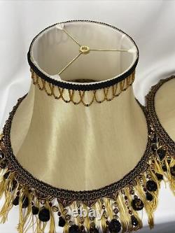 PAIR 2 Vtg Victorian Art Deco Style Lamp Shade Gold Black Bead Tassel Fringe 18