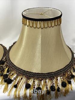 PAIR 2 Vtg Victorian Art Deco Style Lamp Shade Gold Black Bead Tassel Fringe 18