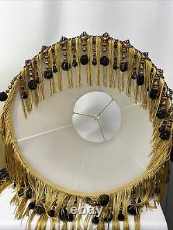 PAIR 2 Vtg Victorian Art Deco Style Lamp Shade Gold Black Bead Tassel Fringe 18