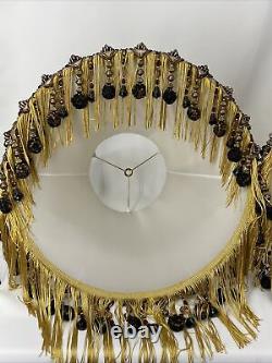 PAIR 2 Vtg Victorian Art Deco Style Lamp Shade Gold Black Bead Tassel Fringe 18