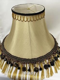 PAIR 2 Vtg Victorian Art Deco Style Lamp Shade Gold Black Bead Tassel Fringe 18