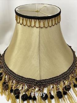 PAIR 2 Vtg Victorian Art Deco Style Lamp Shade Gold Black Bead Tassel Fringe 18