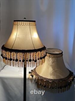 PAIR 2 Vtg Victorian Art Deco Style Lamp Shade Gold Black Bead Tassel Fringe 18