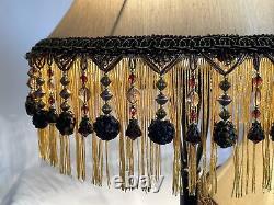 PAIR 2 Vtg Victorian Art Deco Style Lamp Shade Gold Black Bead Tassel Fringe 18