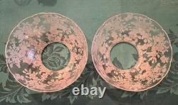 PAIR Antique Victorian Deep Etched Floral Glass Kerosene Oil Gas Lamp Shades
