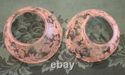 PAIR Antique Victorian Deep Etched Floral Glass Kerosene Oil Gas Lamp Shades