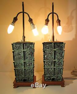 PAIR LARGE BRONZE LAMPS CHINESE WITH ORIGINAL GREEN SHADES VINTAGE ANTIQUE