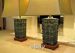 PAIR LARGE BRONZE LAMPS CHINESE WITH ORIGINAL GREEN SHADES VINTAGE ANTIQUE