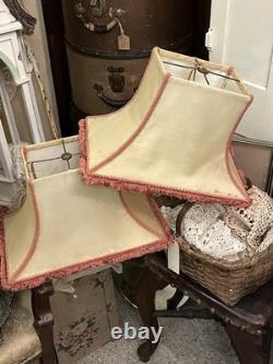 PAIR Lampshades TATTERED QUEEN Salvaged Bell Metal Wire Frame Silk Satin Shabby