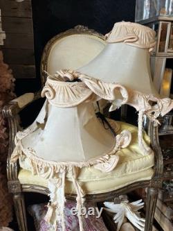 PAIR Lampshades TATTERED QUEEN Salvaged Bell Metal Wire Frame Silk Satin Shabby