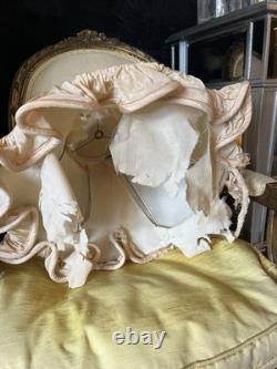 PAIR Lampshades TATTERED QUEEN Salvaged Bell Metal Wire Frame Silk Satin Shabby