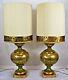 Pair Of Vintage Retro Mid-century Modern Large Green Gold Table Lamp Withshades