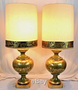 PAIR Of VINTAGE Retro Mid-Century Modern Large Green Gold Table Lamp WithShades