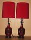Pair Retro Vintage Mid Century Hollywood Red. Table Lamps & Velvet Shades