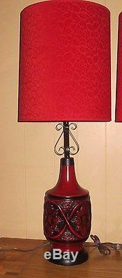 Pair Retro Vintage MID Century Hollywood Red. Table Lamps & Velvet Shades