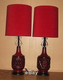 Pair Retro Vintage MID Century Hollywood Red. Table Lamps & Velvet Shades