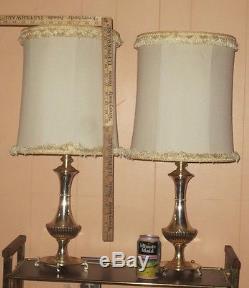 PAIR RETRO VINTAGE MID CENTURY HOLLYWOOD SILVER COLOR TABLE LAMPS & SHADES