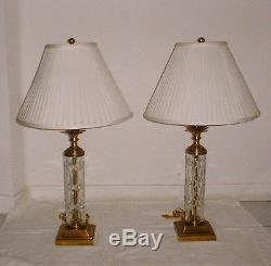 Pair Vintage Frederick Cooper Cut Crystal & Brass Table Lamps Original Shades